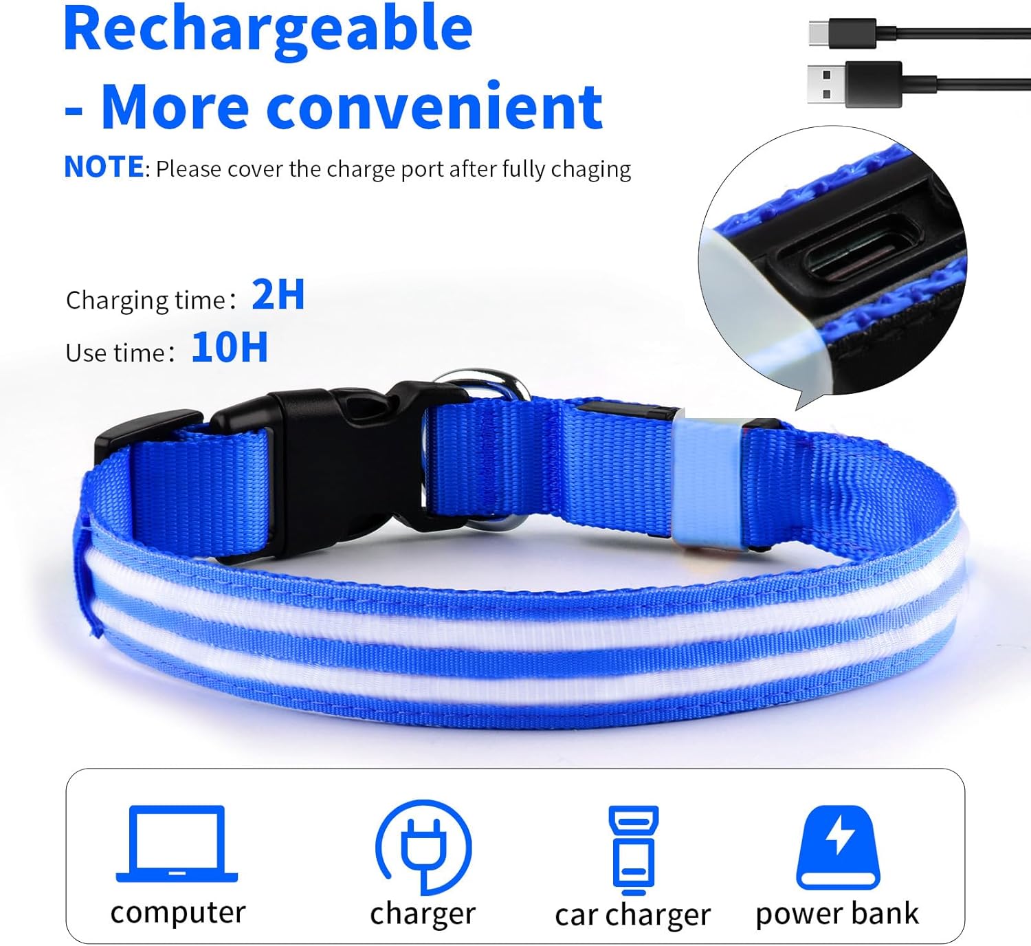 LED Dog Collar Flashing Light up Dog Collar 100% Waterproof Rechargeable Safety Adjustable Pets Collar Increased Visibility Super Bright for Small Medium Large Dog - Blue - S